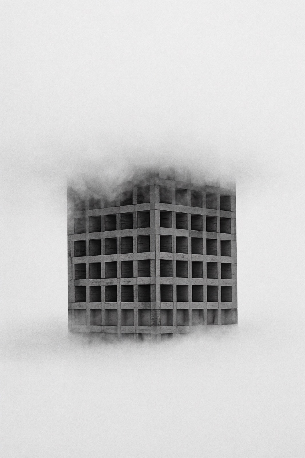 Brutalist concrete tower dissolving into dense fog